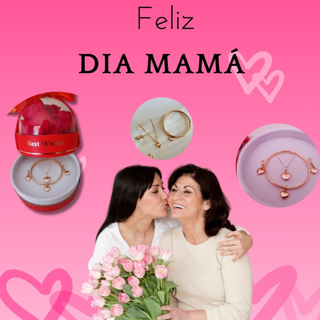 JUEGO DE COLLAR + PULSERA + ARETES CORAZON