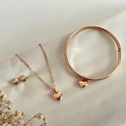 JUEGO DE COLLAR + PULSERA + ARETES CORAZON